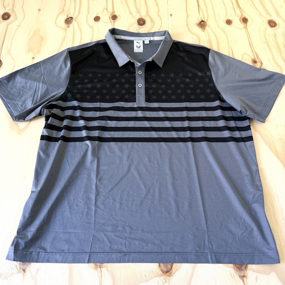 Puma Volition America Mens 2XL Golf Polo Shirt Grey Black Stars Stripes Tonal